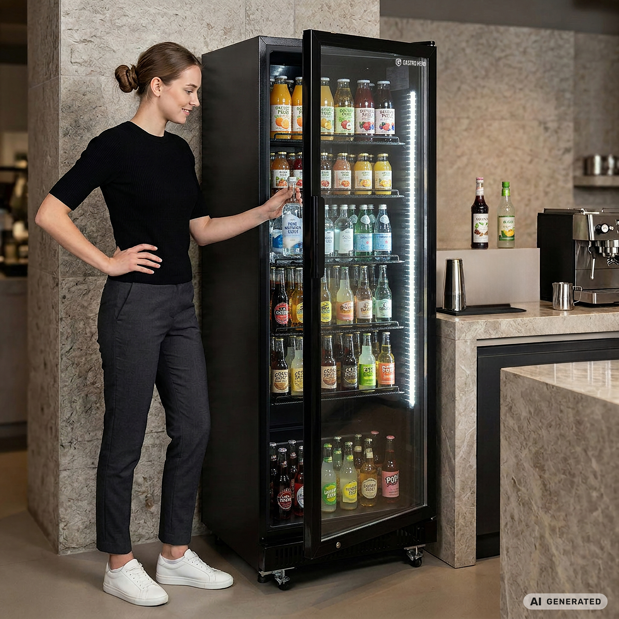 Getränkekühlschrank GKS-360, 360 Liter Kühlraumvolumen, 5 verstellbare Einlegeböden, Innenbeleuchtung, Abschließbar, Schwarz