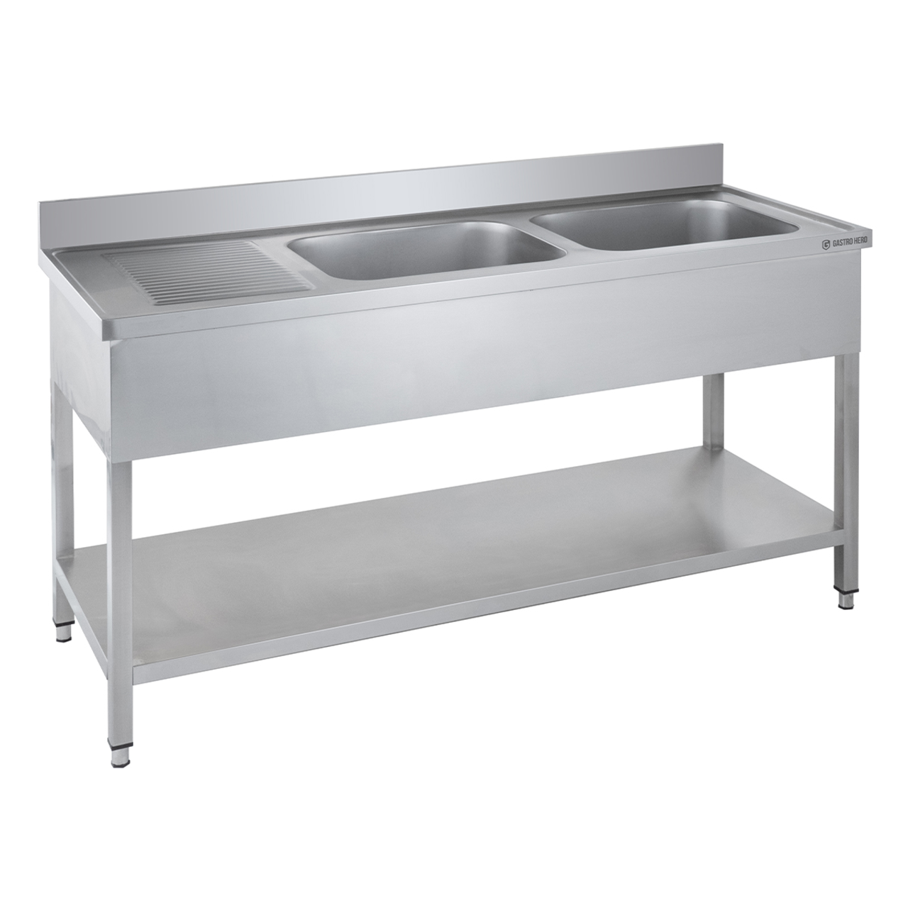 Table de lavage Basic 16x6 avec 2 cuves à droite, dosseret et étagère inférieure