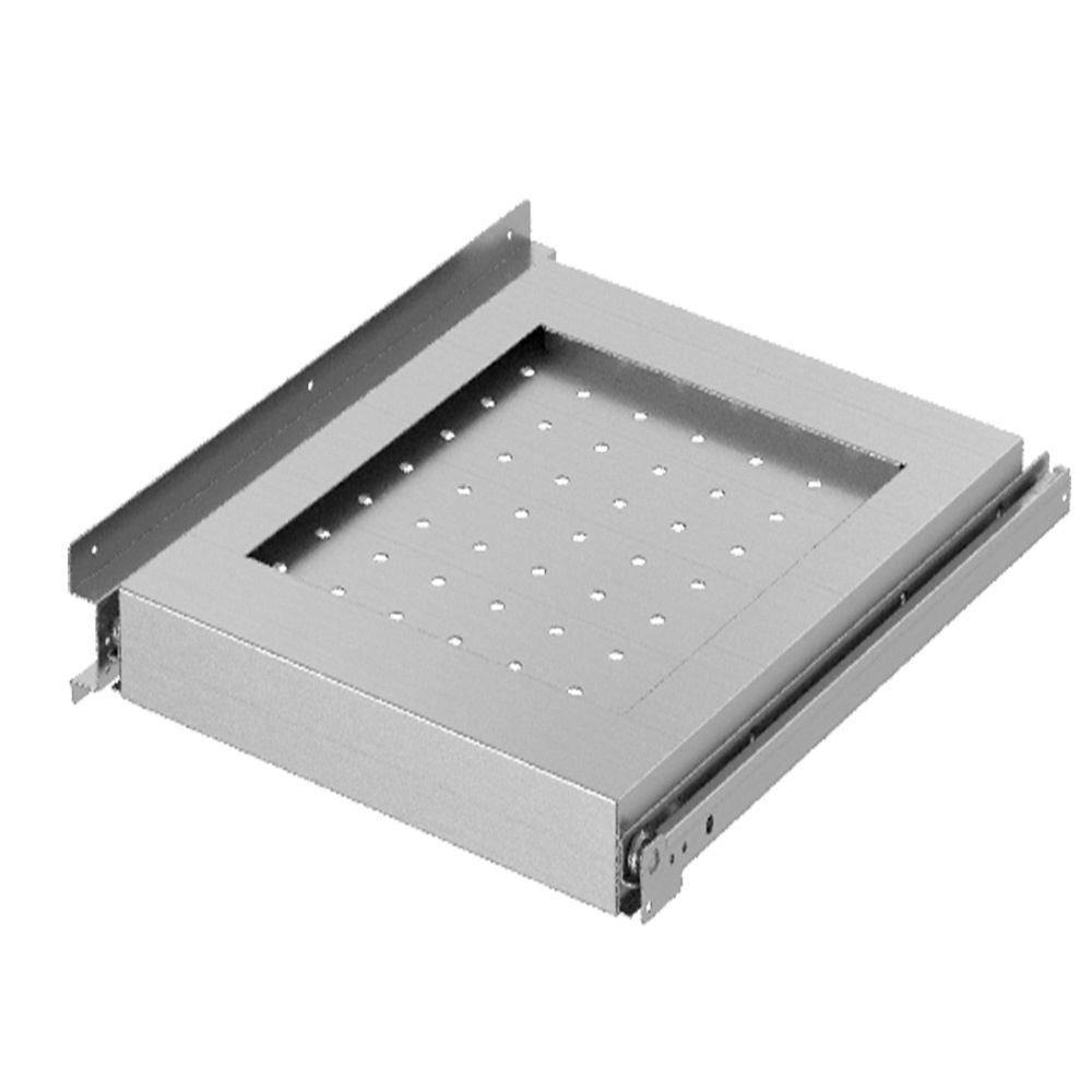 Auszugbare Edelstahl-Hinterregal auf Führungen für Fach mit Tür