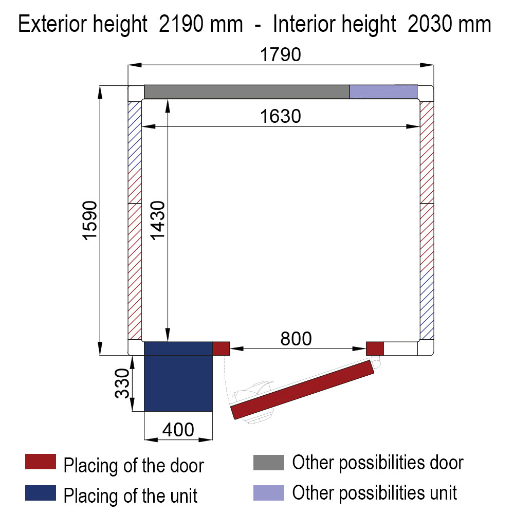 Kamer ISO 80 met groep, afm. int. 1630 x 1430 x h2030mm (4,73m³)