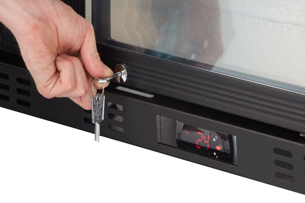 Armoire à boissons ECO 350 noire avec portes battantes, éclairage LED, encastrable sous plan de travail