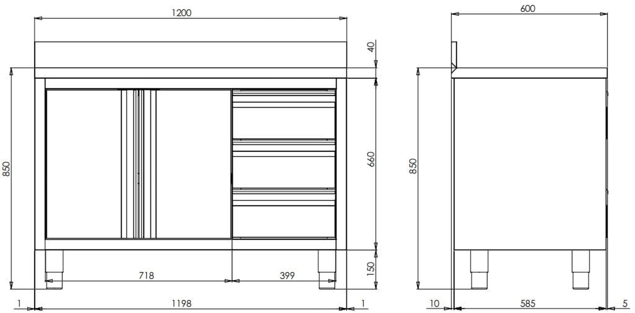 Armoire de travail en acier inoxydable ECO avec portes battantes et 3 tiroirs 12x6 avec dosseret