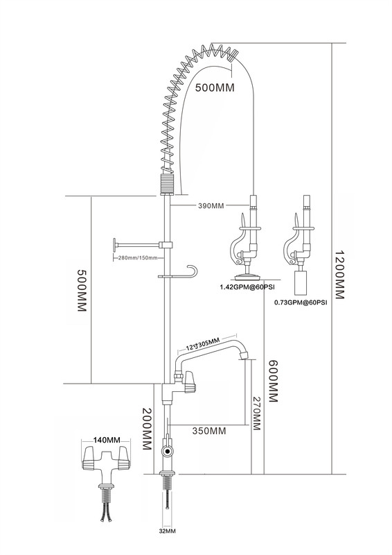 Voorspoeldouche met Zwenkkraan - Ééngats - 1200mm