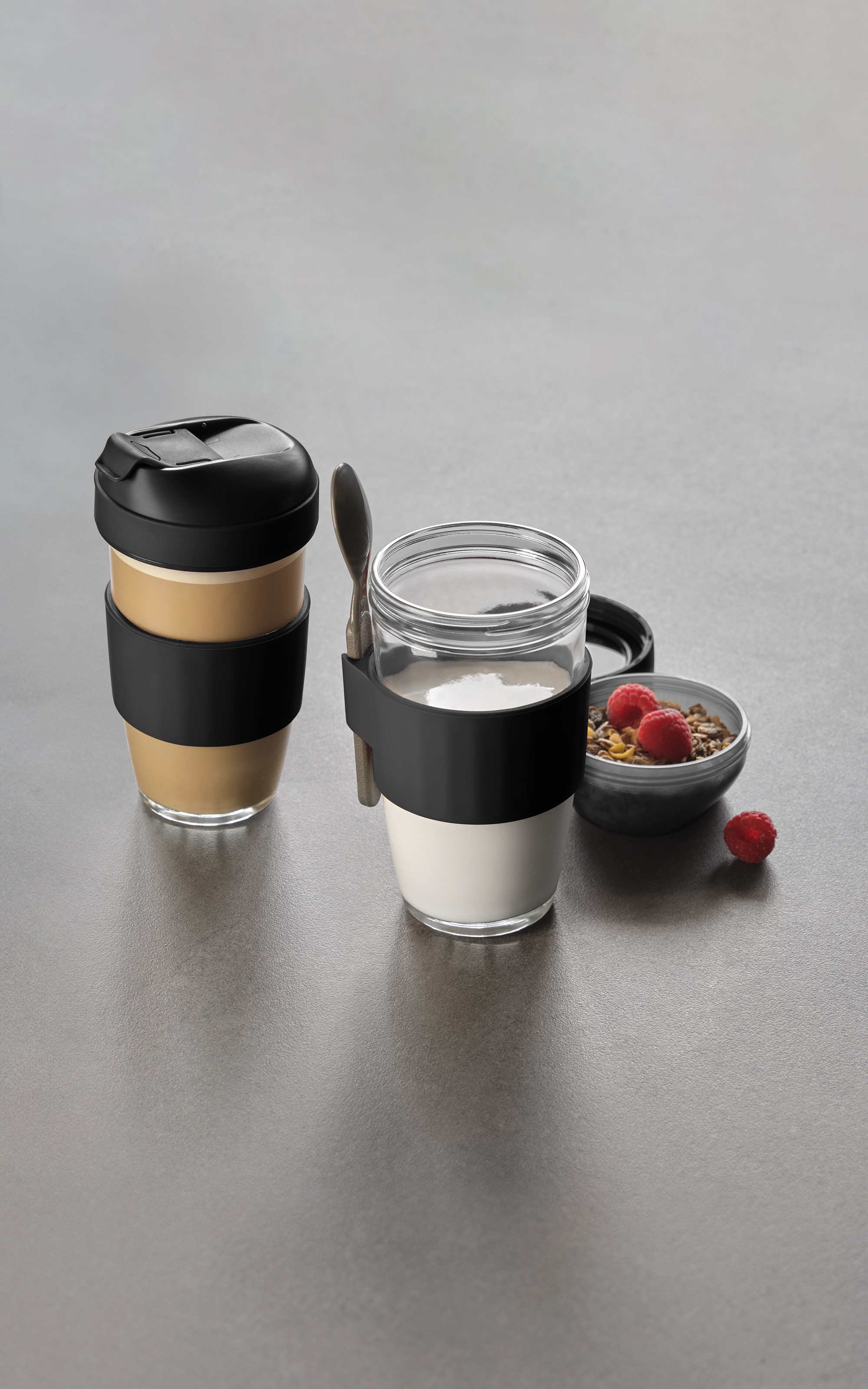 2-in-1 koffie- en mueslibeker, borosilicaatglas polypropyleen, silicone