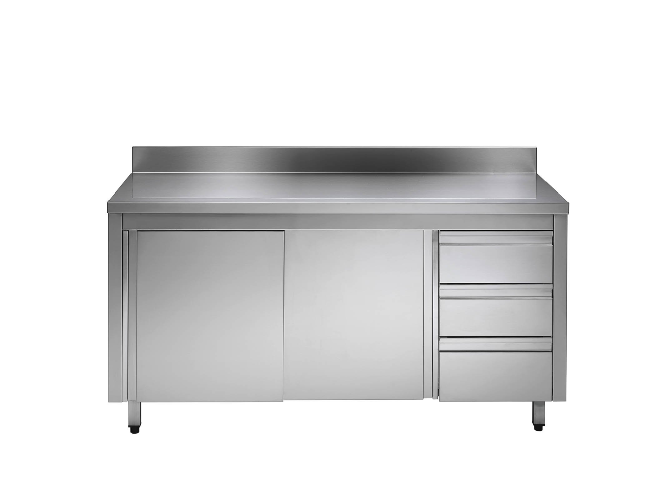 Armoire de travail en acier inoxydable ECO avec portes coulissantes et 3 tiroirs 16x7 avec dosseret