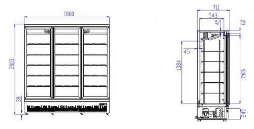 Kühlschrank | 3 Glastüren | 1530 Liter | 8 Rollen | 1880x710x(h)1997mm 