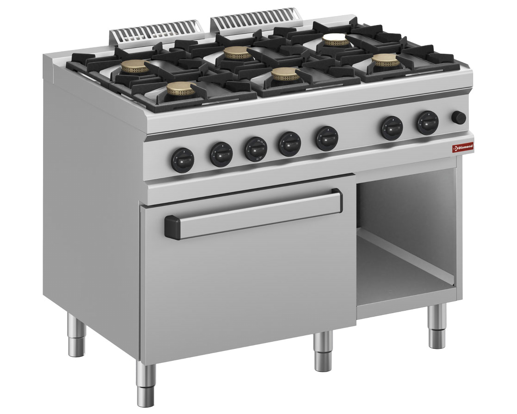 Gasfornuis 6 branders, op gasoven GN 2/1 en kast - 1100x700x(h)850mm