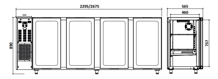 Barkoelkast 4 Glazen Deuren | RVS | 783Liter | 267.5x56.5x(H)89/90.5cm