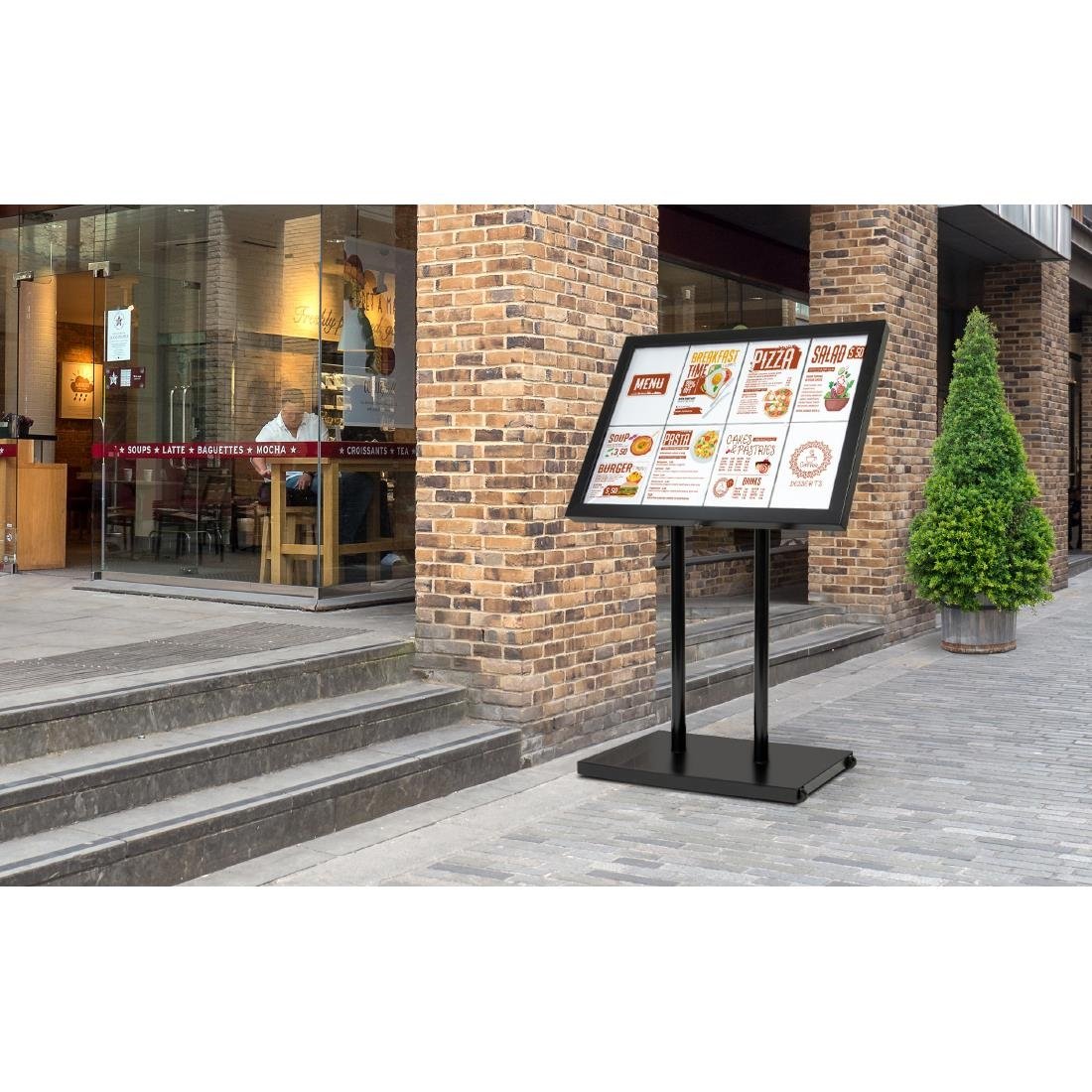 Menükartenhalter mit weissen LEDs aus schwarzem Stahl Securit 8xA4 mit Pfosten und Sockel.