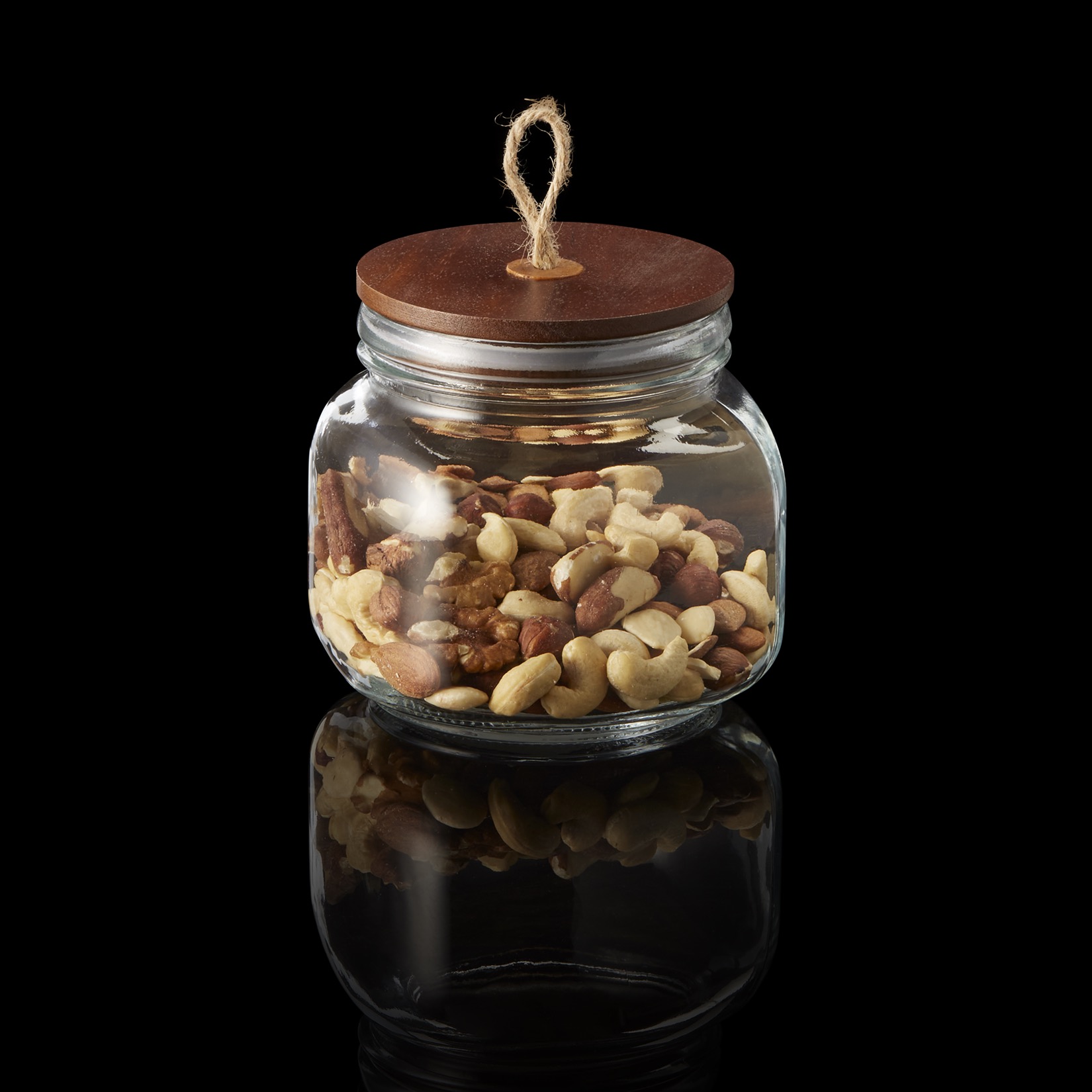 Voorraadpot met acaciahouten deksel en koord, 0,65 l, Ø 9 cm, Hoogte 12 cm, glas, acaciahout