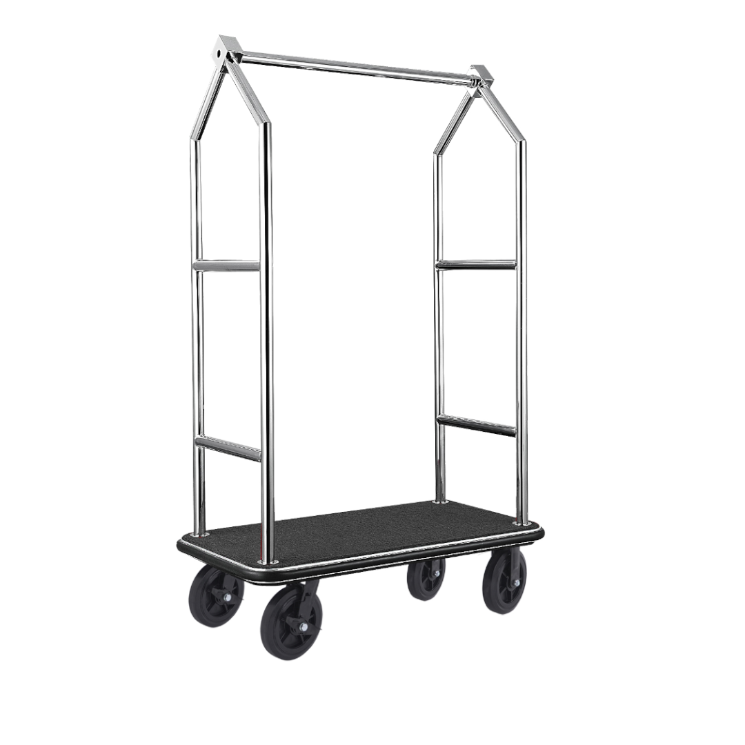 Bagagewagen VOYAGER, 112 x 65 x 190 cm, geborsteld, zwart tapijt, roestvrij staal 18/8