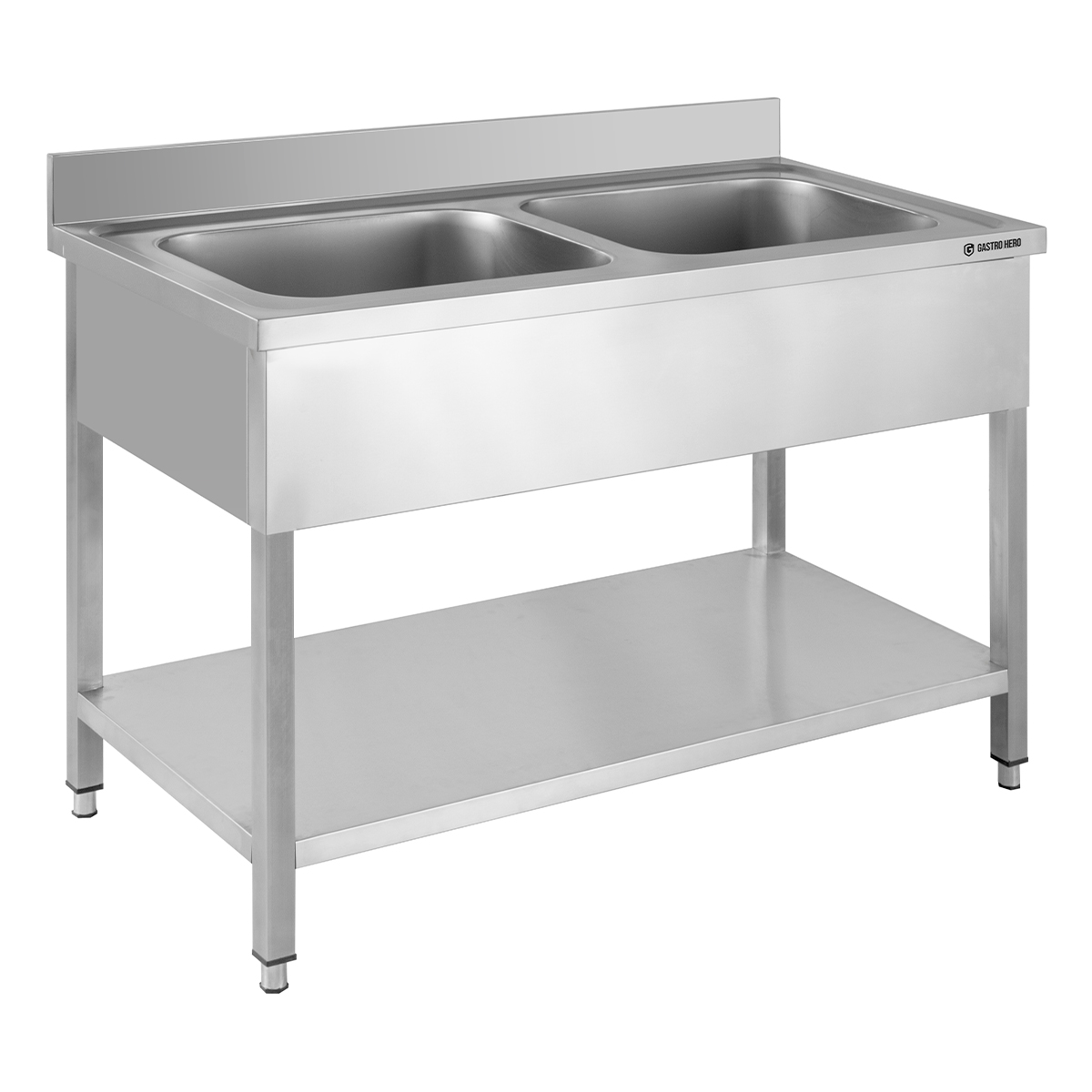Table de lavage Basic 12x7 avec 2 cuves, dosseret et étagère inférieure