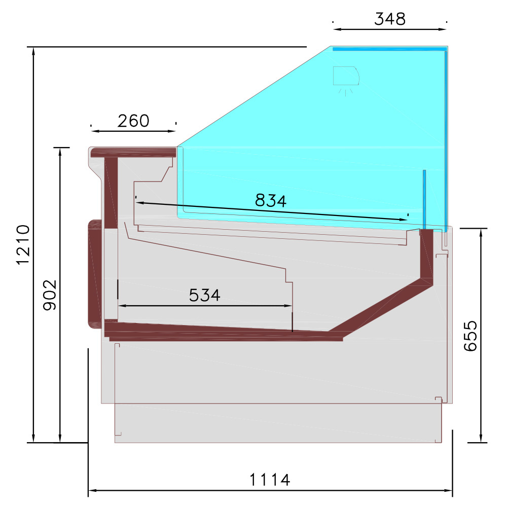 Belüftete Verkaufstheke, mit Vorratsbehälter, vertikale Glasplatte 90° mit Kolbenlift - FULL BLACK