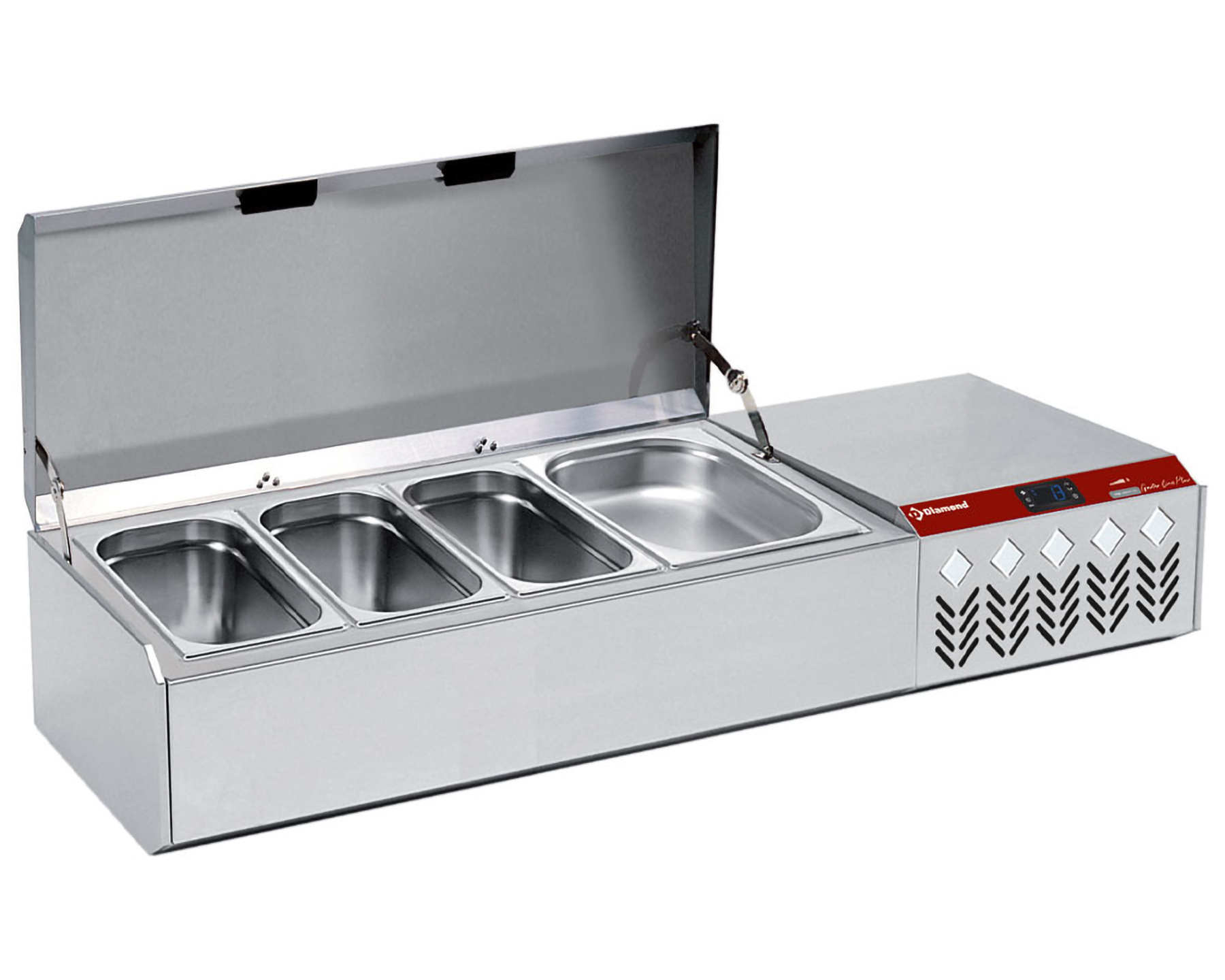 Opzetkoelvitrine met RVS deksel 4x1/3 + 1x1/9GN - 1330x384x(h)387/401mm