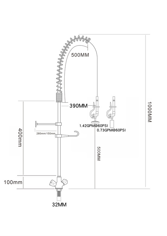 Voorspoeldouche met Draaiknoppen - Ééngats -  1000mm