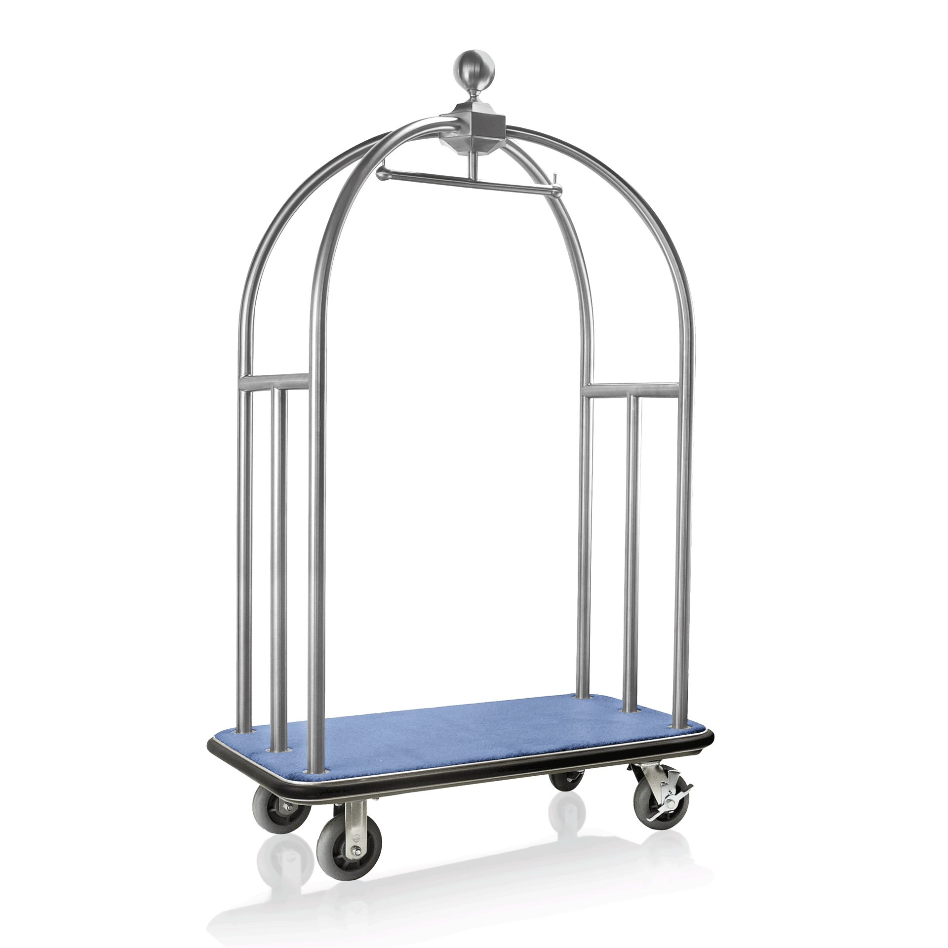 Bagagewagen UNITY, 112 x 60 x 185 cm, zilverkleurig geborsteld, blauw tapijt, roestvrij staal