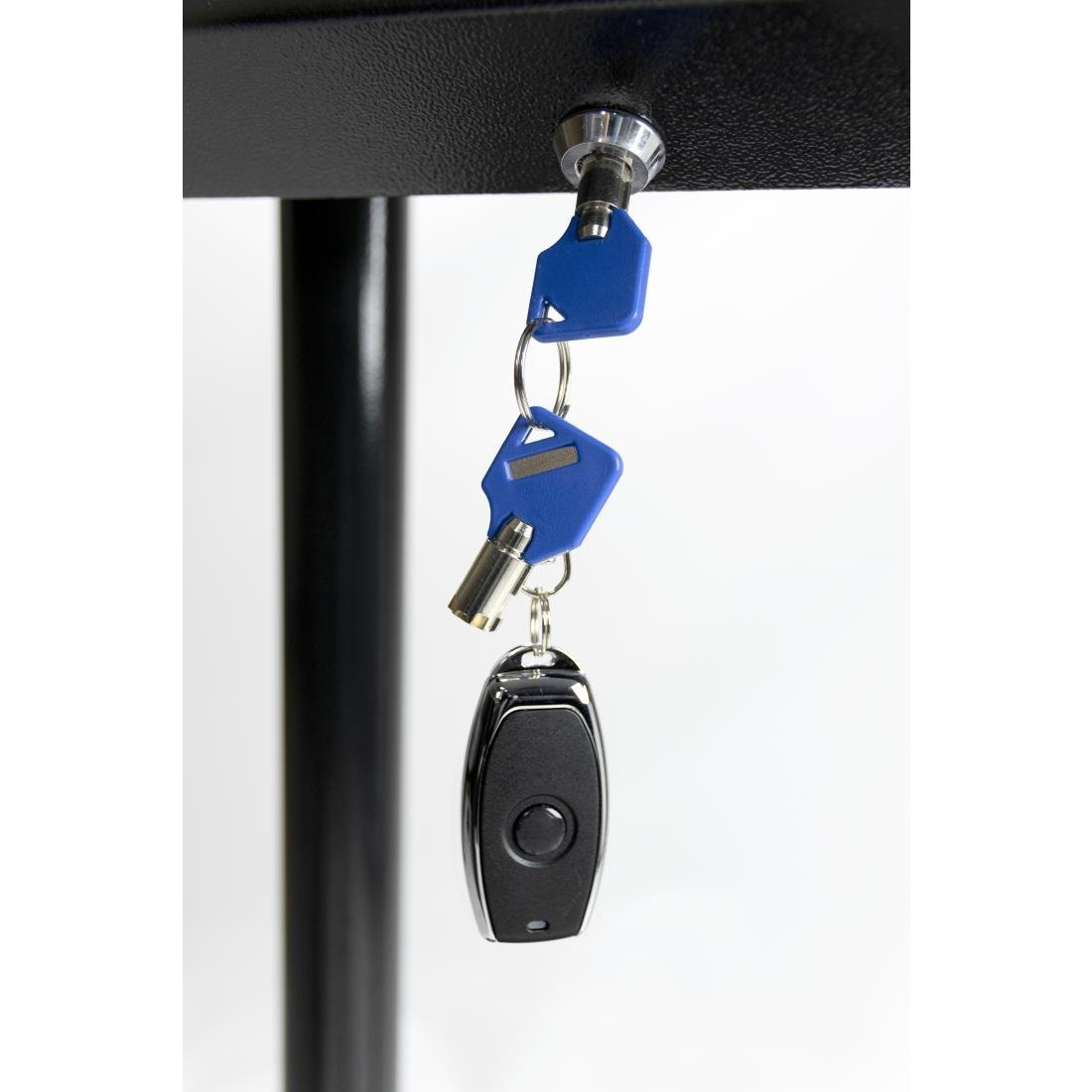 Menükartenhalter mit weissen LEDs aus schwarzem Stahl Securit 8xA4 mit Pfosten und Sockel.