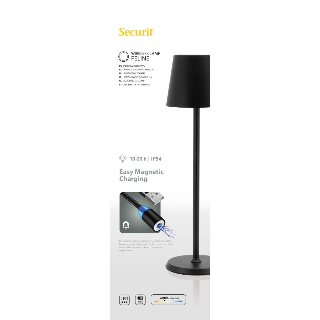 Lampe de table LED noire à intensité variable Securit Feline avec câble de chargement magnétique