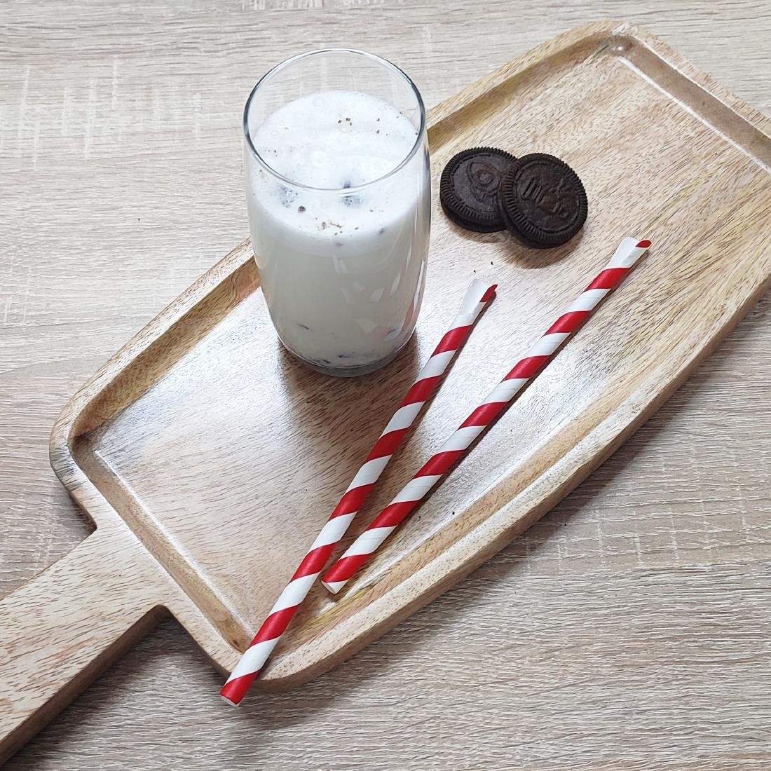 Fiesta Kompostierbare Papierlöffelstrohhalm Rot & Weiß Gestreift 210x8mm (250 Stück)