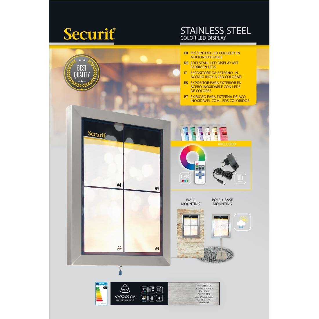 Securit RVS Gekleurde LED's 4xA4 informatiedisplay (excl paal en voet)
