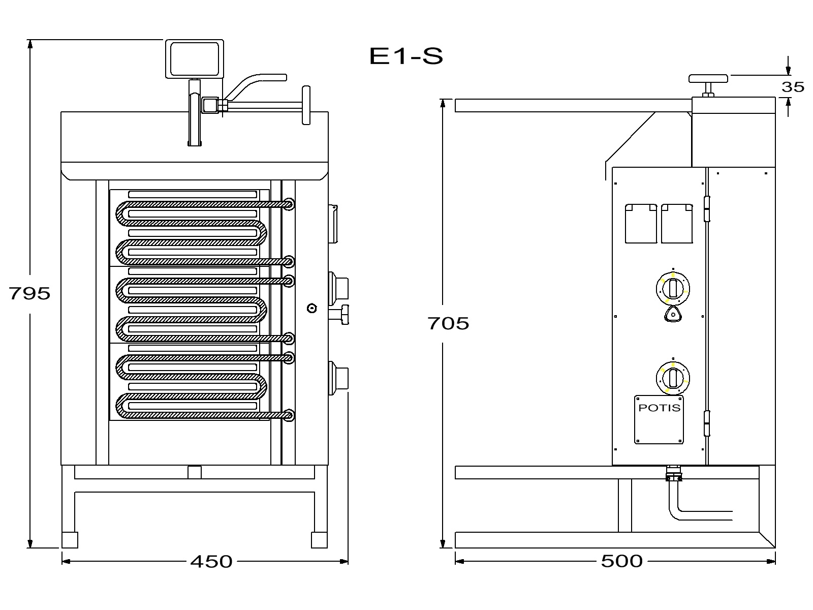 Gyros-Grillgerät Elektro E1-S | 15 Kg | 4,5kW- 400/230V 2/N/PE | Fettwanne 500x500