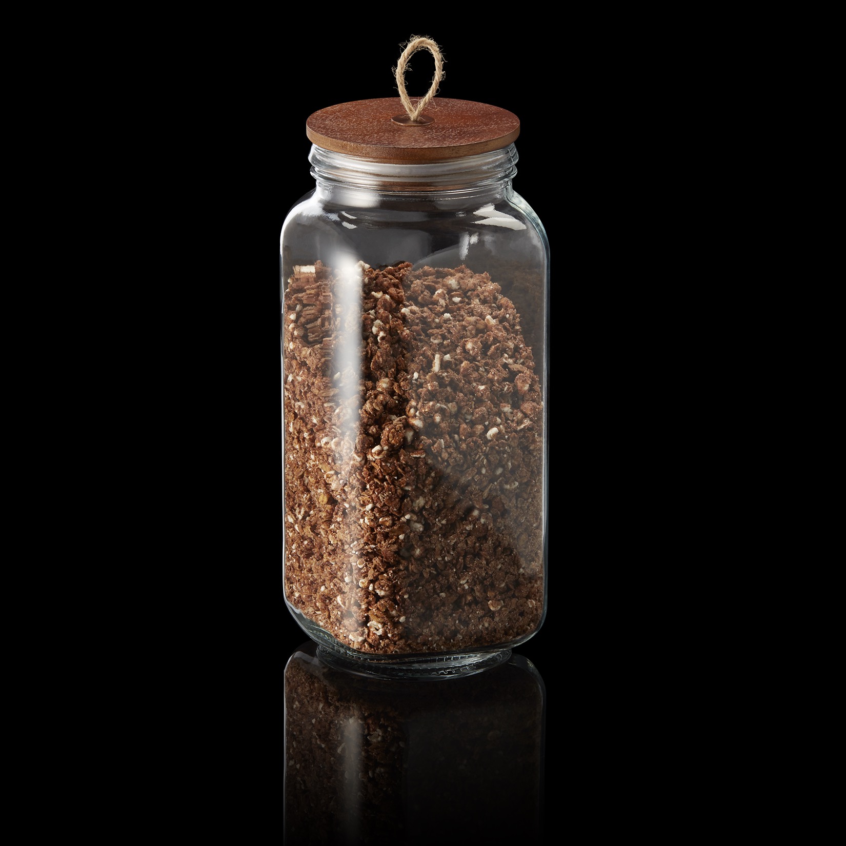 Voorraadpot met akazie-deksel en koord, 2 liter, Ø 9 cm, hoogte 26 cm, glas, akaziehout