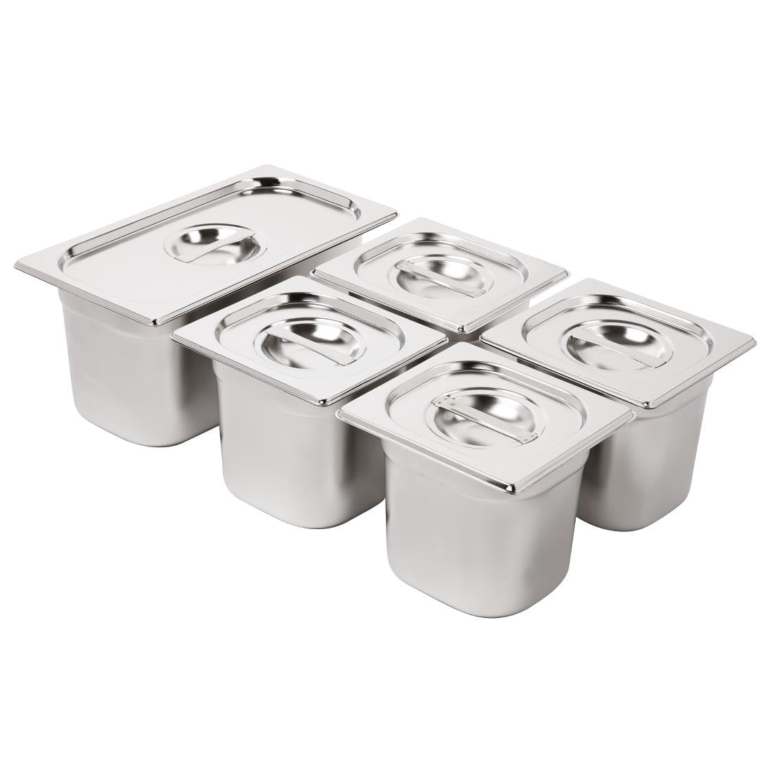 Vogue Edelstahl Gastronorm Schalen Set 1/3 und 4 x 1/6 mit Deckeln