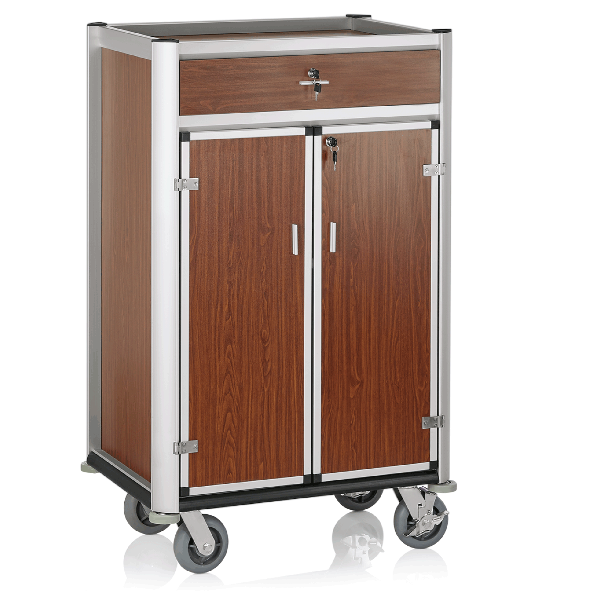 Minibar-servicetrolley, 85 x 60 x 135 cm, lichte randen, houtoptiek, aluminium, MDF