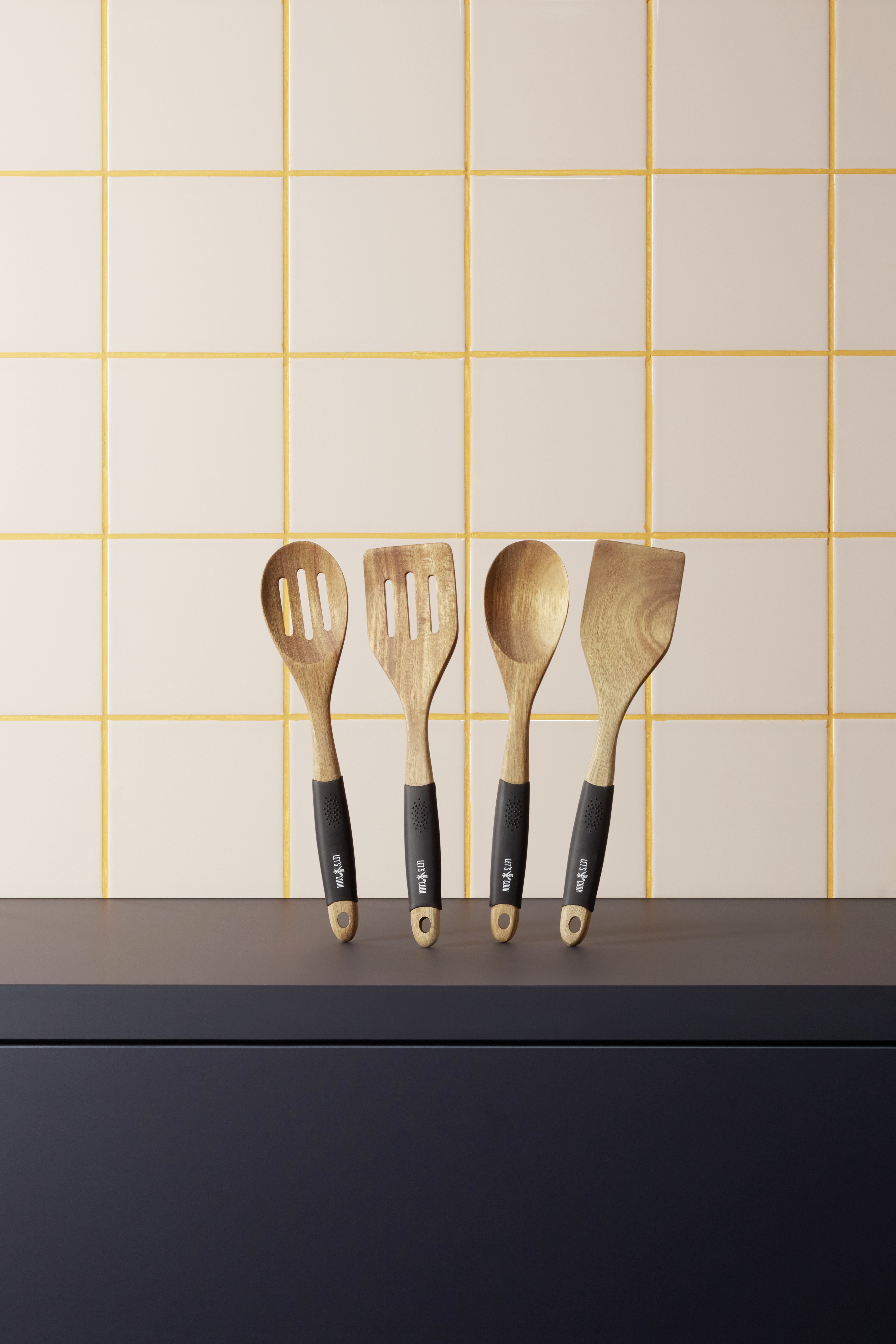 Spatel Laten we koken, 30,5 cm, met gleuven, acaciahout, silicone