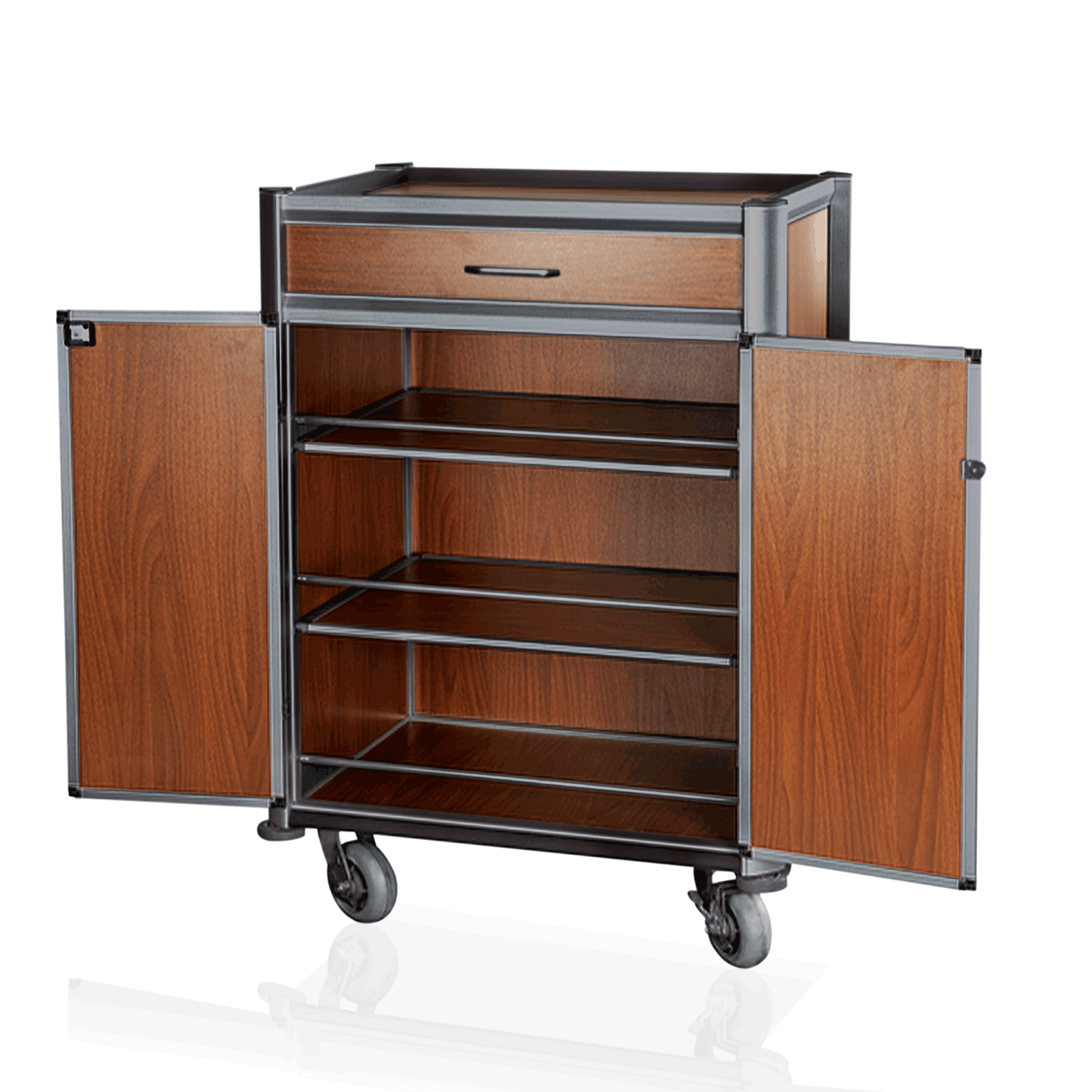 Minibar servicetrolley, 85 x 60 x 135 cm, houtoptiek, donkere randen, aluminium, MDF