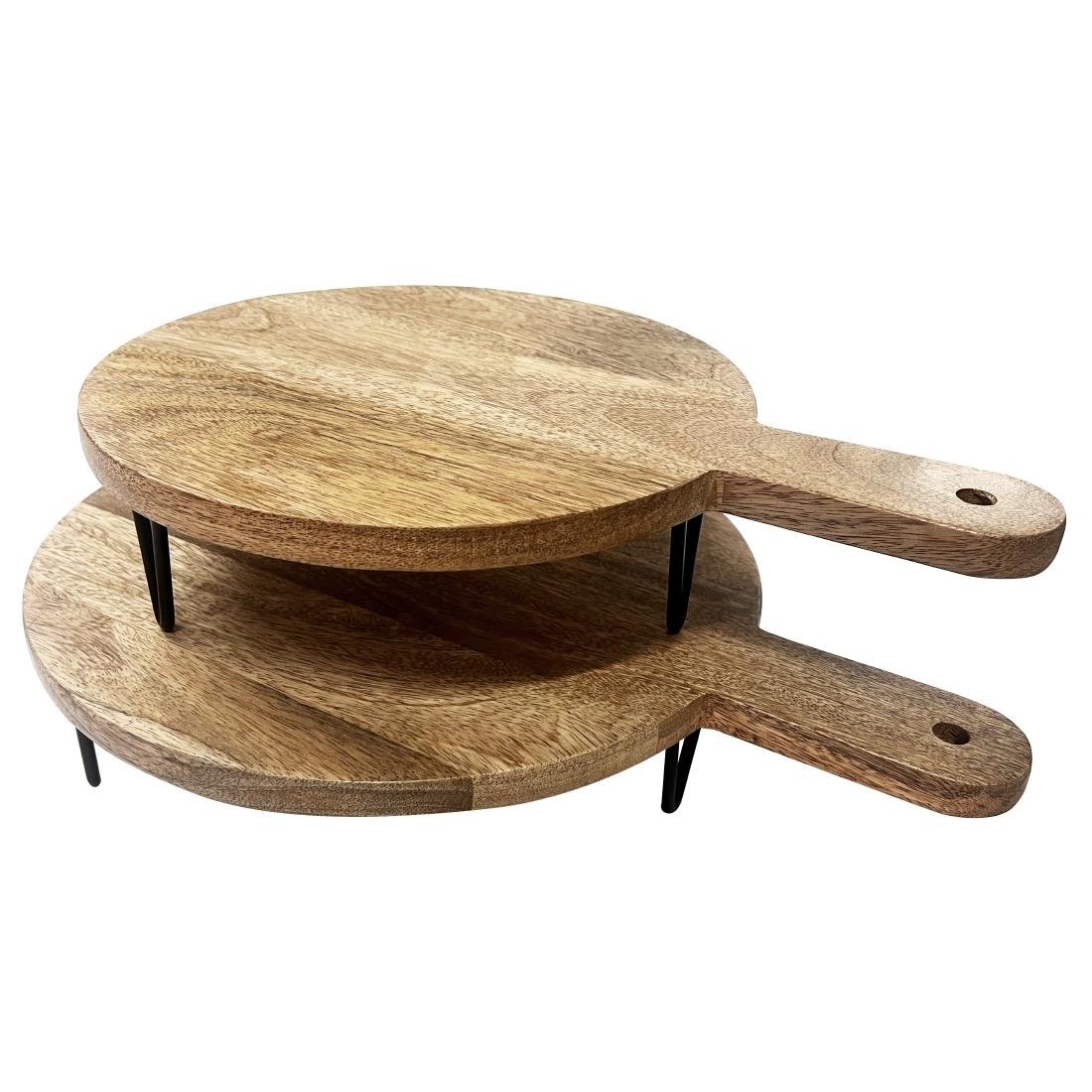 Support de présentation rond avec poignée en bois de manguier avec pieds en métal Olympia 400x300x80mm Support de présentation rond avec poignée en bois de manguier avec pieds en métal Olympia 400x300x80mm