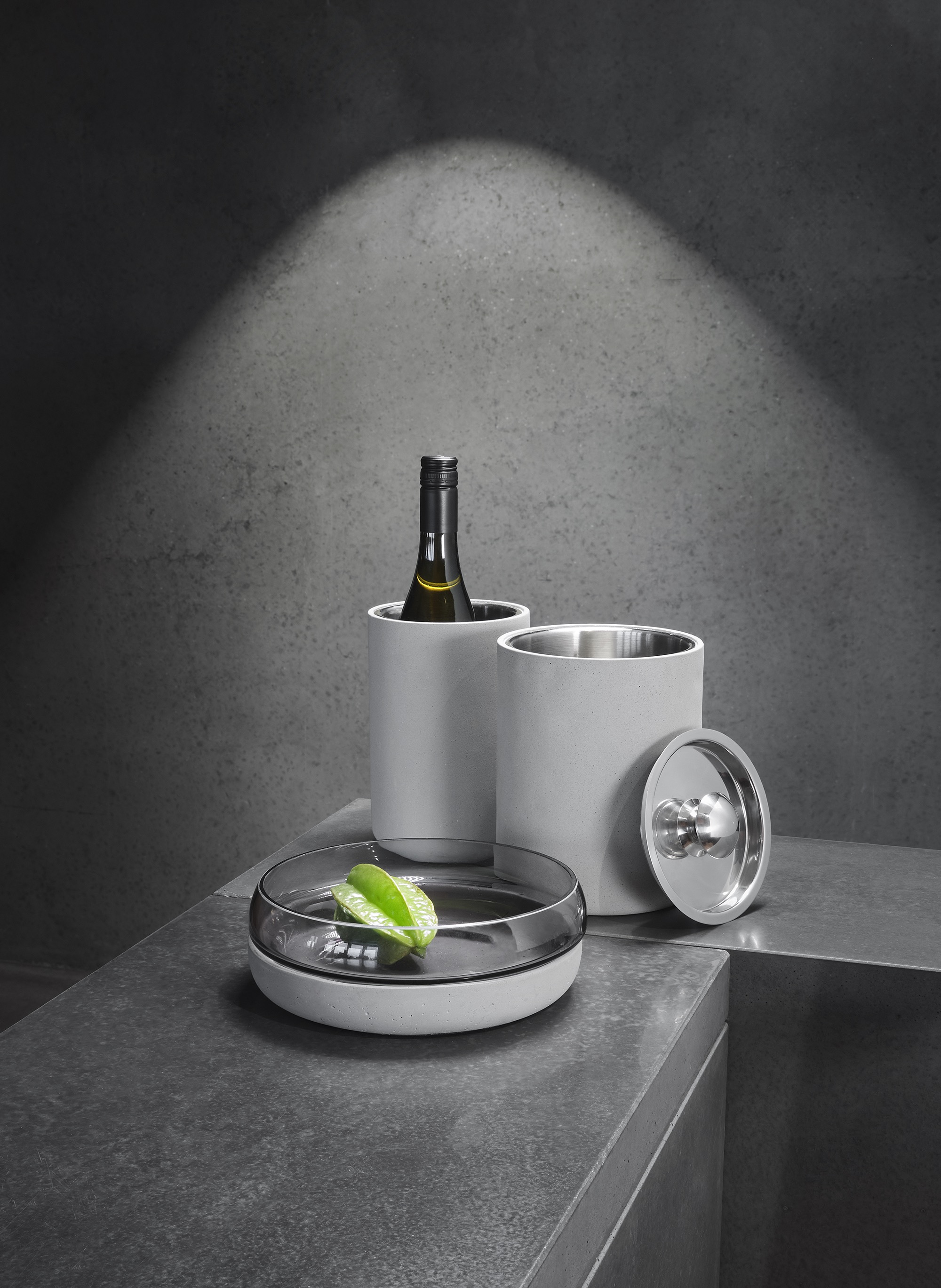 Fleskoeler, Ø 13 cm, Hoogte 20 cm, beton, dubbelwandig, roestvast staal 18/10