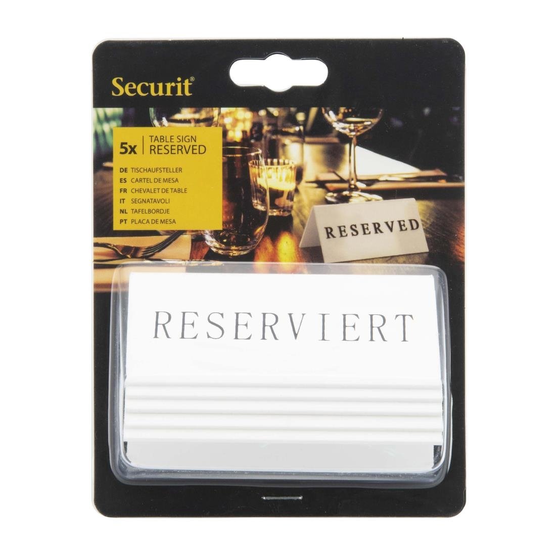 Securit Reserveringstafelstandaards met Duits: 'Reserviert' Witte acryl standaarden met zwart lettertype (box 5)