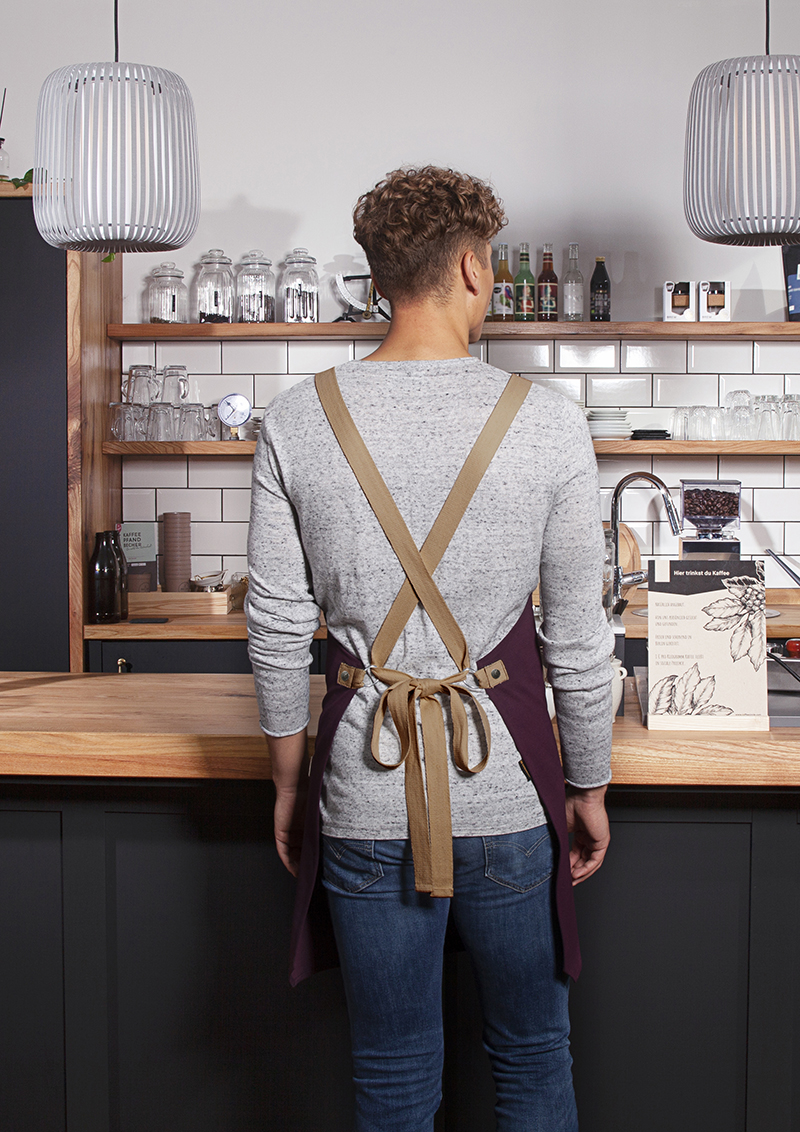 Latzschürze Urban-Look mit Kreuzbändern und Tasche - Aubergine