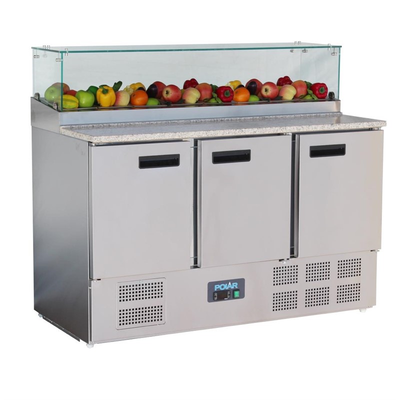 Polar G-serie 3 deurs pizza koelwerkbank met opzetvitrine 436L