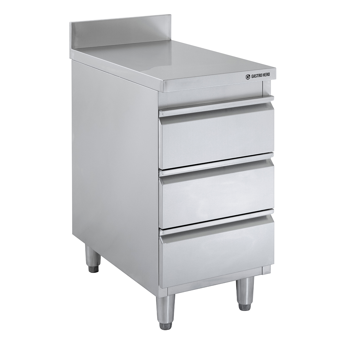 Meuble à tiroirs en inox BASIC, 3 tiroirs, unité 600 avec dosseret, AISI 201