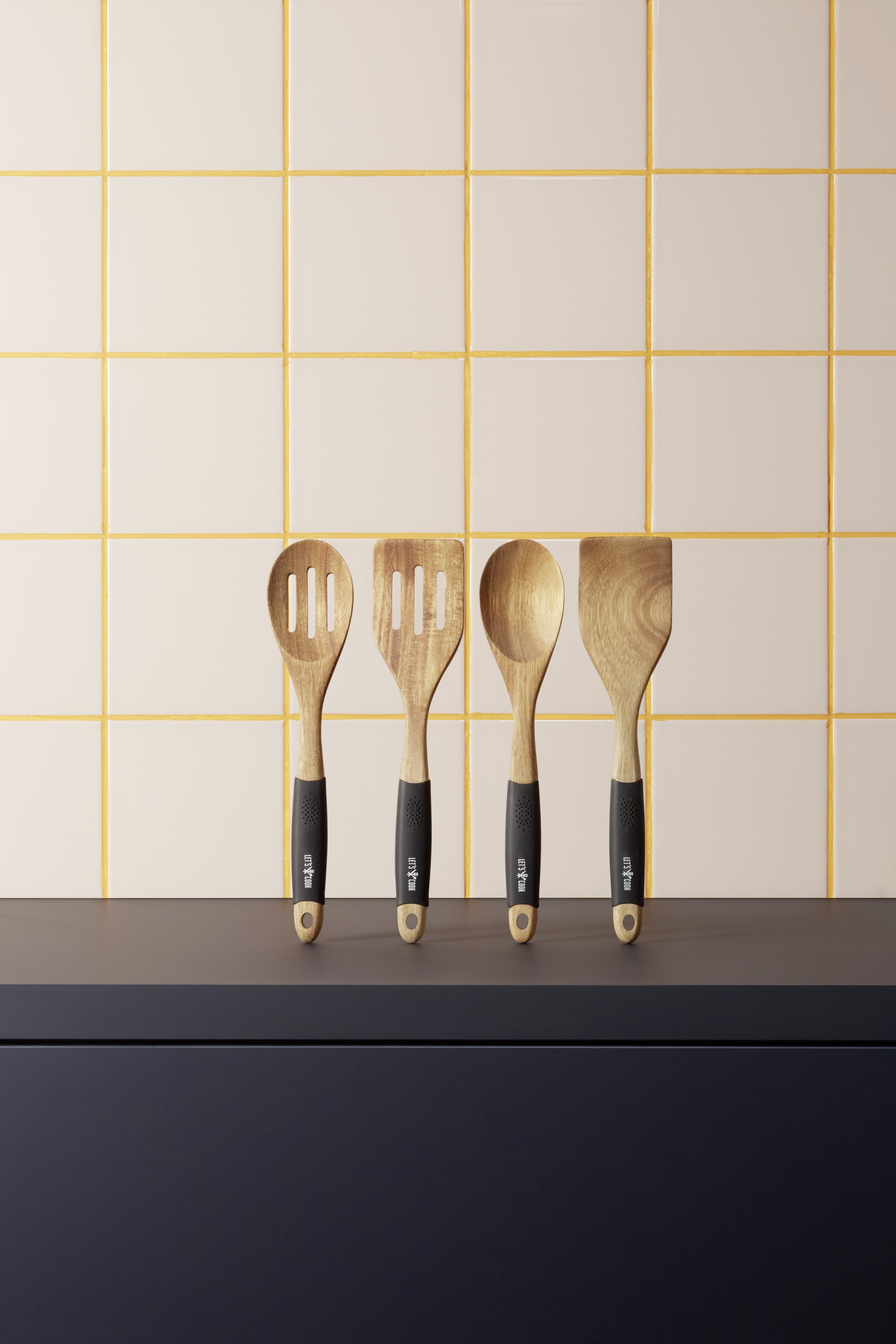 Spatel Laten we koken, 30,5 cm, met gleuven, acaciahout, silicone