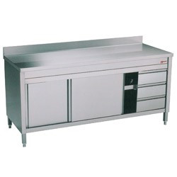 Thekenschrank neutral - EDELSTAHL - 2 Schiebetüren - Spritzschutz - 3 Schubladen rechts - 1600x700x(h)900mm