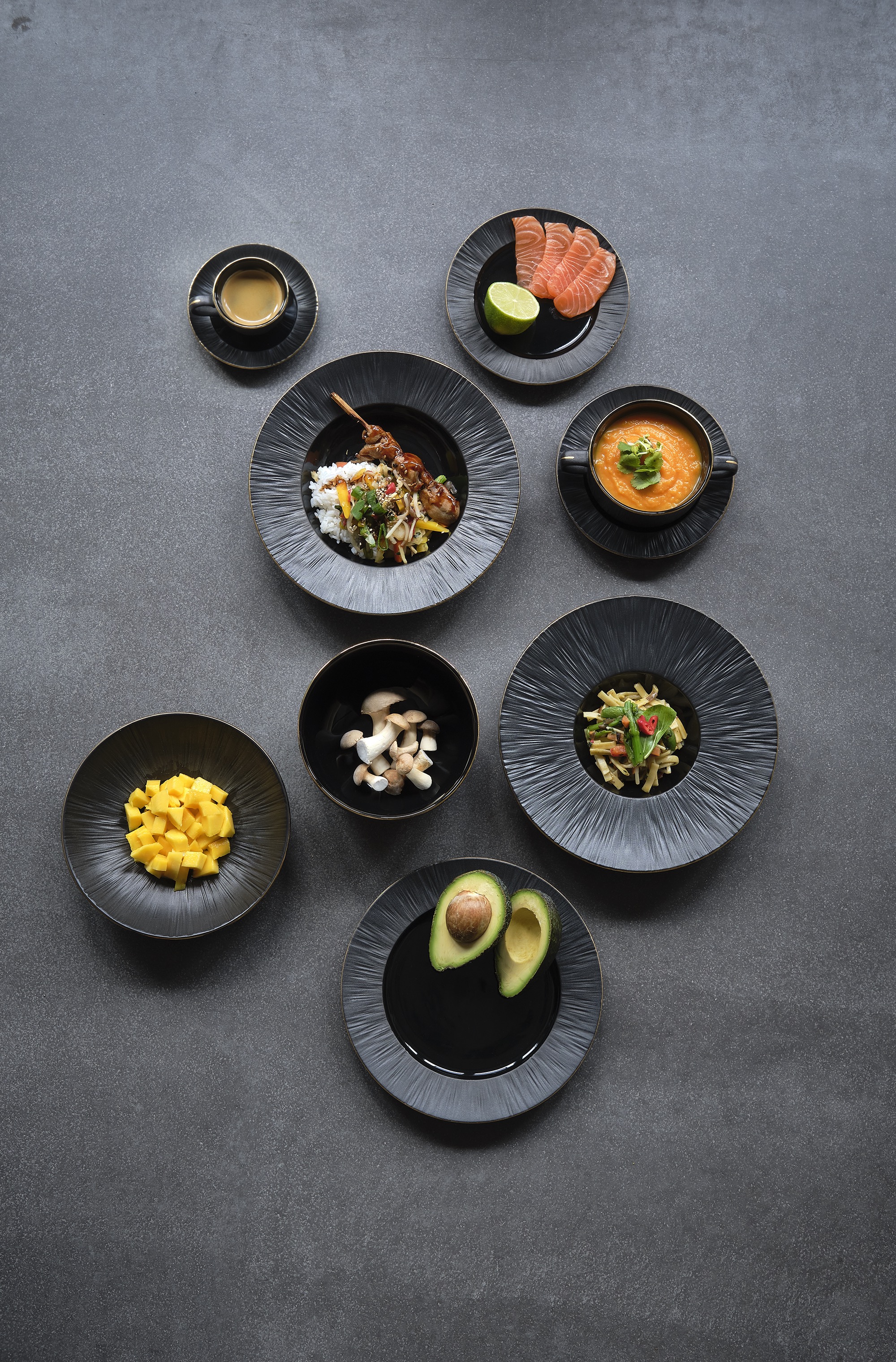 Schaalset MAYA KURO, diep, Ø 15 cm, 750 ml, zwart, Set van 4 stuks, porselein