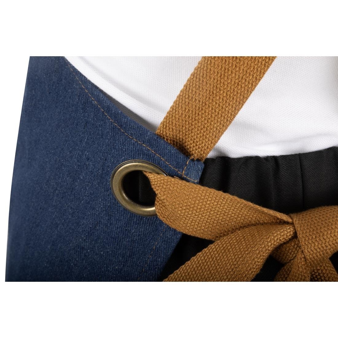Southside Schürze in kurzer Länge mit X-Rücken Denim Blau mit Tan-Trägern Southside Schürze in kurzer Länge mit X-Rücken Denim Blau mit Tan-Trägern