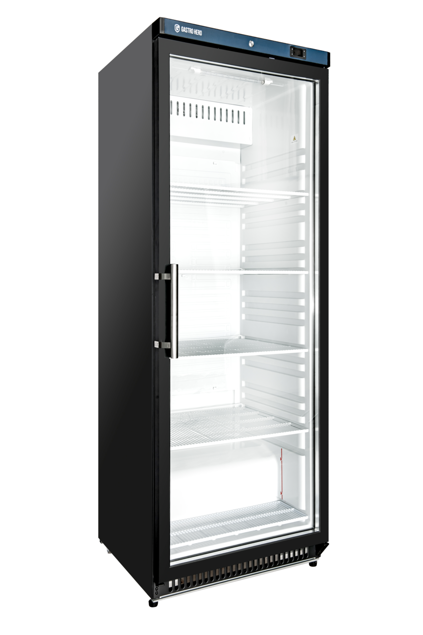 Lagerkühlschrank ECO 400 mit Glastür, Innenraum aus Kunststoff, schwarz