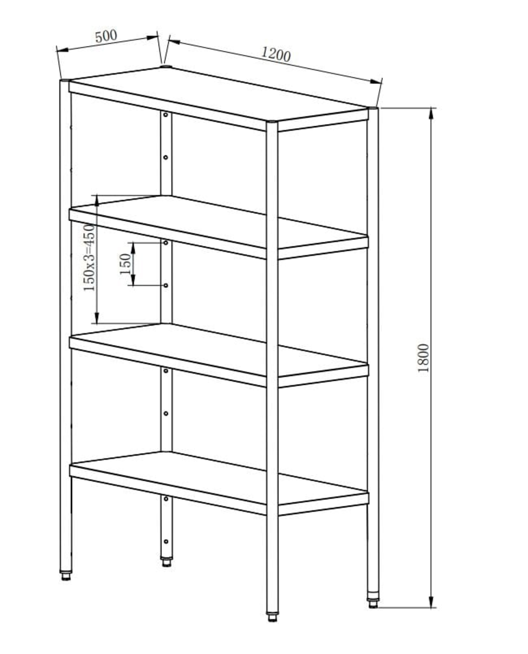 Étagère en inox AISI 201 Basic 1200x500x1800 mm, à monter soi-même