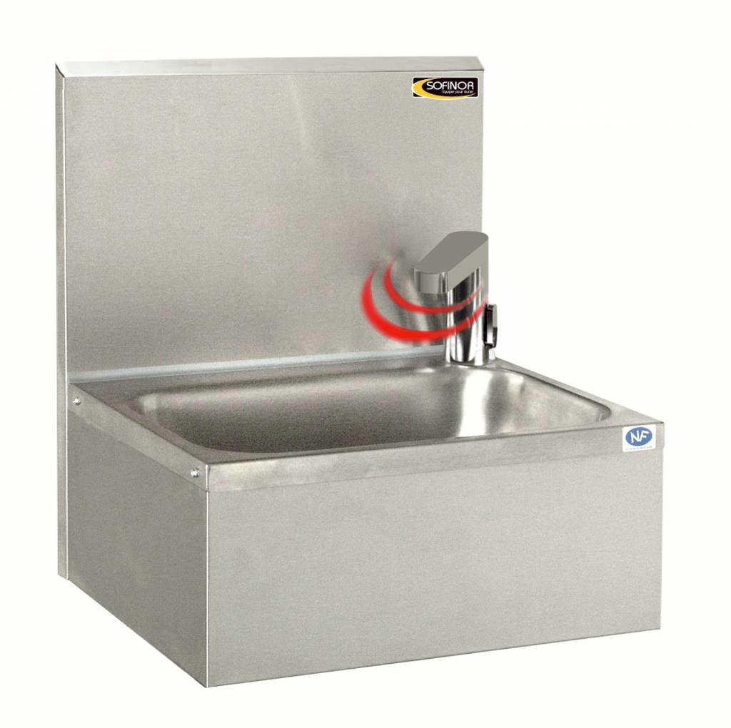 Edelstahl Handwaschbecken |  Elektronischer Wasserhahn auf Akku | Temperaturregelung | 460x380x(h)524mm