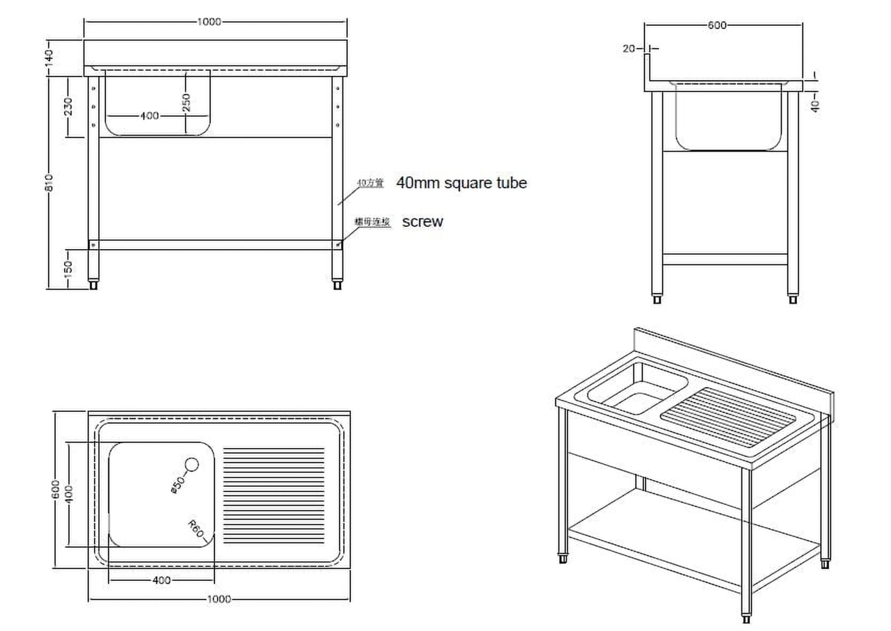 Spoeltafel Basic 10x6 met 1 spoelbak links, opstaande rand en bodemplaat