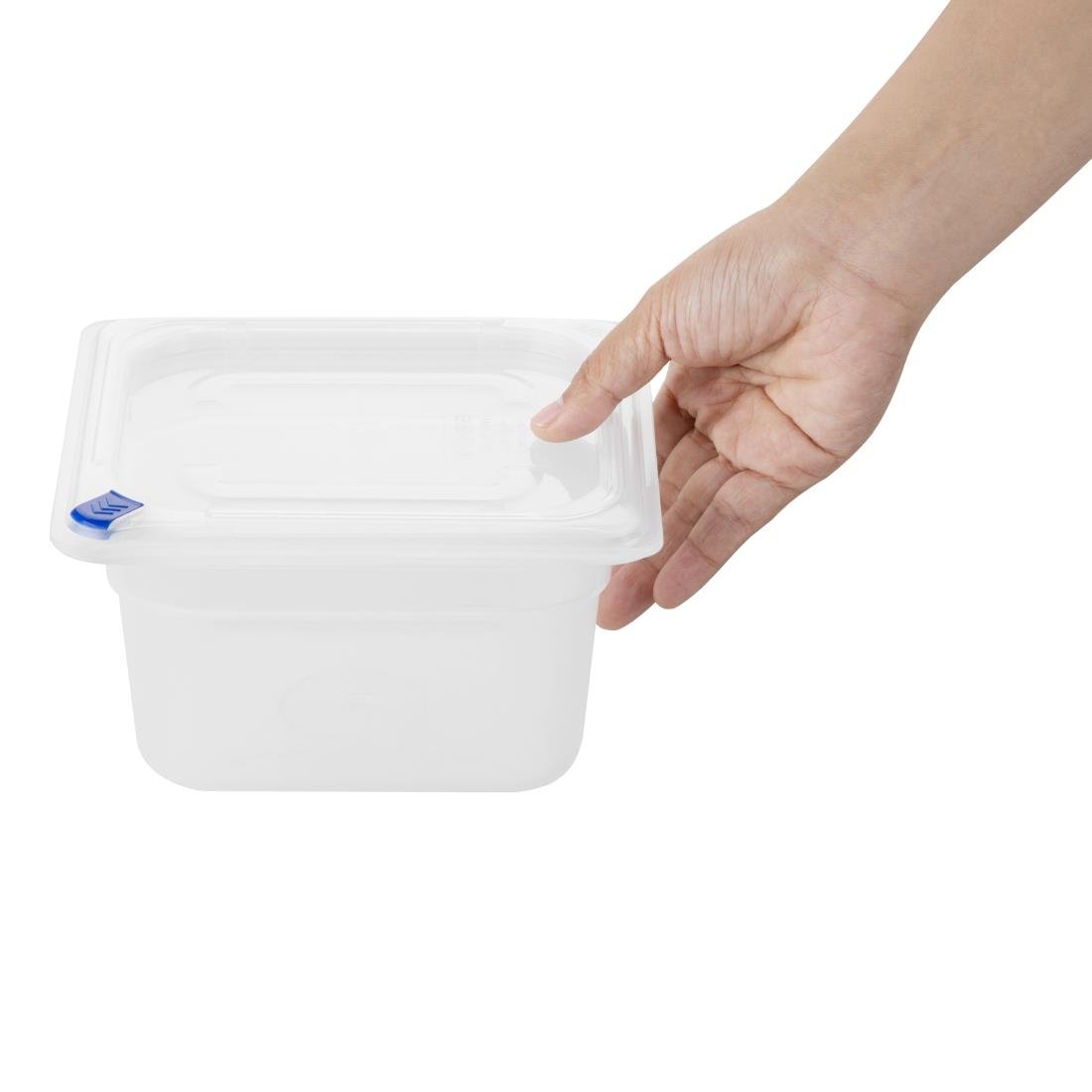 Bacs PP Hygiplas Click GN 1/6 avec couvercles et 7 clips de couleur 100mm 1,5L (lot de 4)