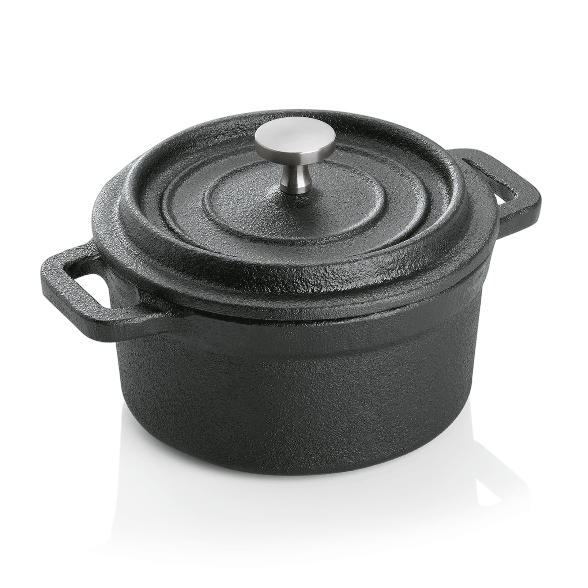 Cocotte, Ø 10 cm, Hoogte 6 cm, zwart, gietijzer, roestvrij staal
