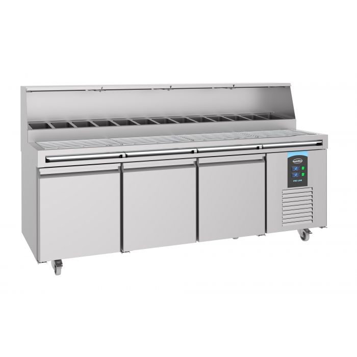 Edelstahl Pizzatisch - 3 Türen - Inkl. Aufsatzvitrine - 720 Liter - 2230x830x(h)1360mm