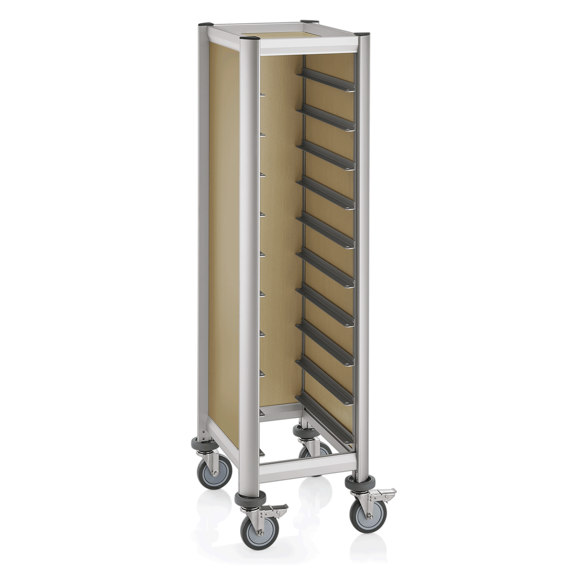 Dienbladwagen SINGLE GN 1/1 MENSA, voor 10 dienbladen, beige, 60,5 x 44,5 x 165 cm, MDF/Aluminium