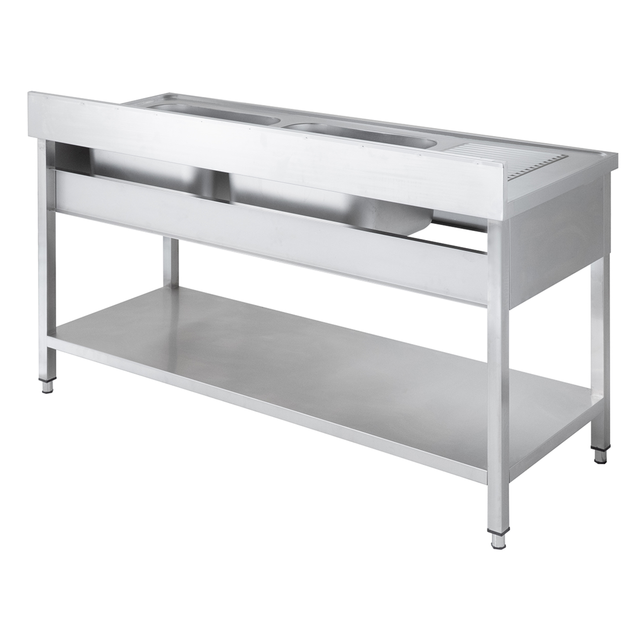 Spültisch Basic 16x6 mit 2 Becken rechts, Aufkantung und Grundboden