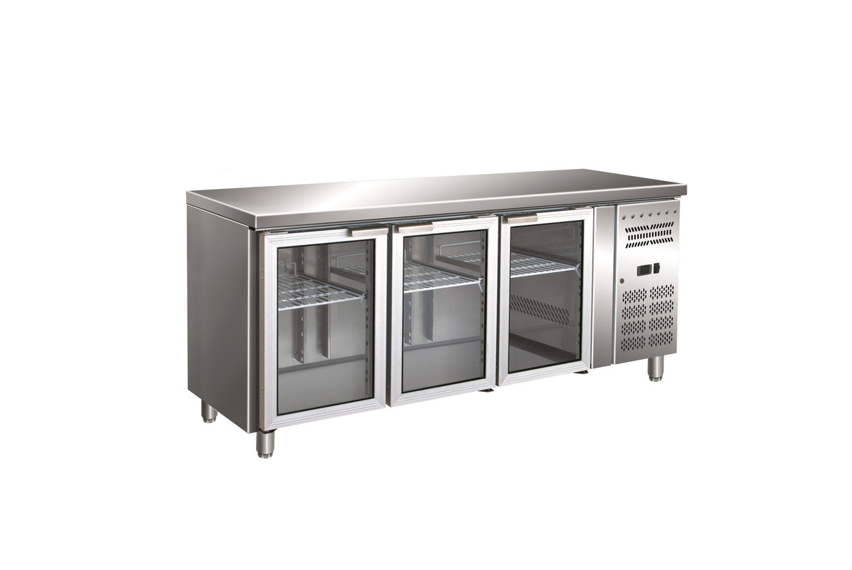 Gastro-Inox RVS GN-Kühlwerkbank mit 3 Glastüren, zwangsgekühlt